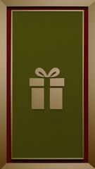 Christmas card with a gift box design  on a green velvet background and golden frame