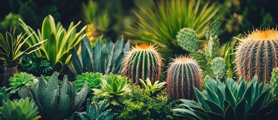 Fototapeta premium Desert garden landscape featuring diverse cacti and lush vegetation under bright sunlight