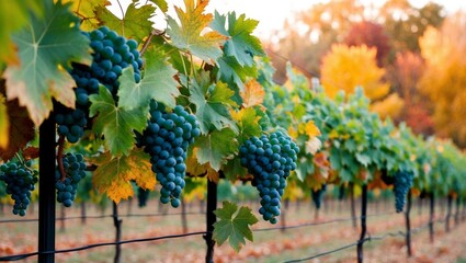 Serene Vineyard with Grapes and Fall Foliage.