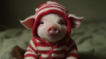 Cute cozy piggy enjoys snowy winter Christmas banner. Cute happy pig portrait. Seasonal banner design with place for text.