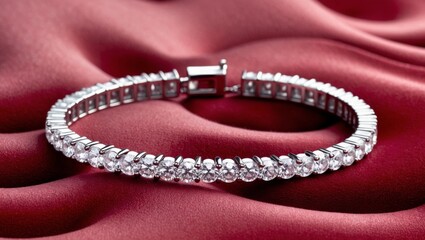 Fototapeta premium Sparkling Diamond Bracelet on Luxurious Red Velvet Background with Glimmering Reflections.