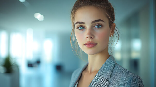 Professional model in tailored suit with modern office setup