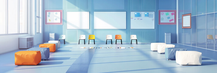 Modern Middle School: A sleek, minimalist background in cool tones displays modern seating options and interactive whiteboards.