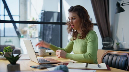 Nervous woman calling video conference office closeup. Lady throwing documents