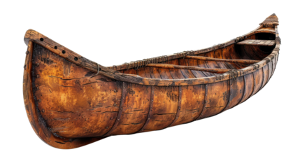A wooden canoe is sitting on a white background