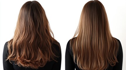 Naklejka premium Before and after photo of woman's hair showing the difference in hair texture and shine after using a hair treatment.