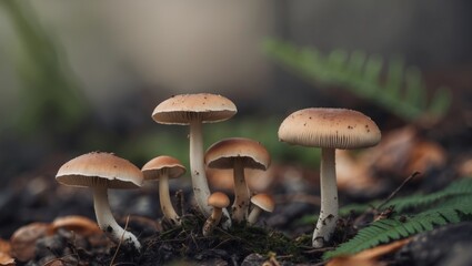 Wild Mushrooms Emerging from Forest Ground.