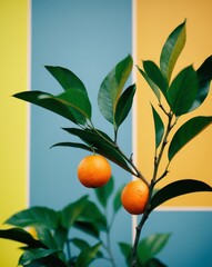 Orange Fruit Branch with Green Leaves on a Yellow and Blue Background.