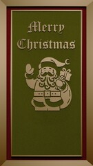 Christmas card with embossed Santa Claus design with Merry Christmas text in Gothic type font.on a green background with golden frame