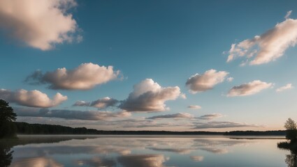 Obraz premium Serene Dawn with Clouds Over a Quiet Lake.