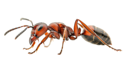 A large red ant is standing on a white background