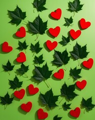 Green Leaves and Red Hearts on Green Background.