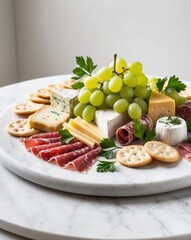 Gourmet Cheese and Meat Platter with Crackers and Grapes.