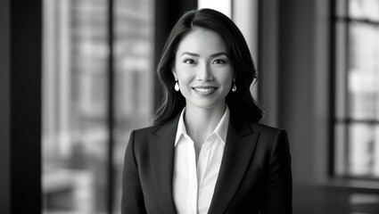 Fototapeta premium Professional Asian Woman in Formal Attire Smiling Confidently in Modern Office