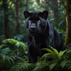 A majestic black panther with piercing yellow eyes stands in a dense jungle, surrounded by lush green foliage.