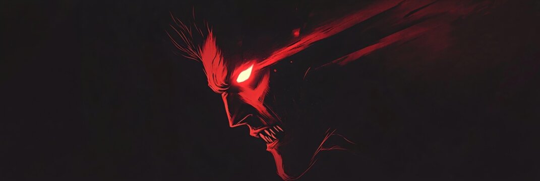 Red vampire screaming on dark background. Halloween celebration. Digital illustration design. Mental disorder, depression or bipolar. Horror and psychological thriller concept. Banner with copy space