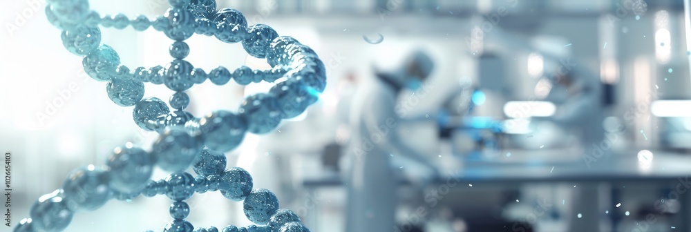 Poster a detailed dna strand is prominently displayed, while researchers work diligently in the blurred bac