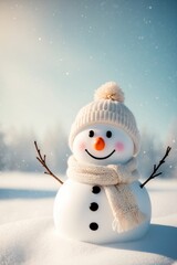 Happy Snowman with Carrot Nose and Knitted Hat and Scarf Enjoying the Winter Wonderland.