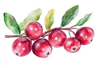 Vibrant Cranberry Composition. Fresh Ripe Berries and Leaves in Watercolor Illustration
