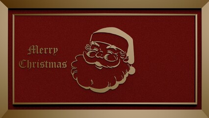 Christmas card with embossed Santa Claus design on a red velvet background with golden frame with a gothic Merry Christmas font