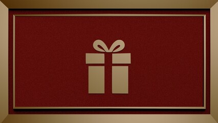 Christmas card with a gift box design on a red velvet background with a golden frame.