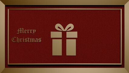 Christmas card with a gift box design on a red velvet background and a golden frame with a gothic Merry Christmas text