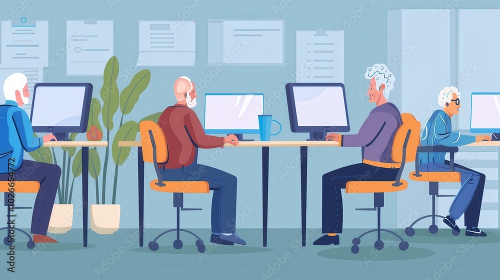 Leinwandbilder A group of elderly people engage in learning computer skills, focused on using laptops and desktop computers in a classroom setting. Generative AI
