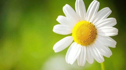 Obraz premium A single white daisy with a yellow center, blooms against a soft green background.