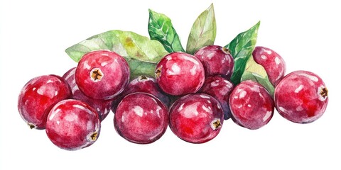 Hand-drawn Watercolor Illustration of Ripe Cranberries with Leaves on White Background