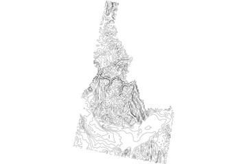 Idaho 1-bit contour map topography. Detailed elevation terrain lines in minimalist black and white vector graphic style. Scalable SVG file for cartography, GIS visualization, graphic design