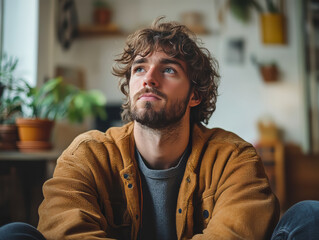 Peaceful Young Man Daydreaming on Couch