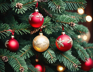 Fototapeta premium .Spruce branch with Christmas balls on it.