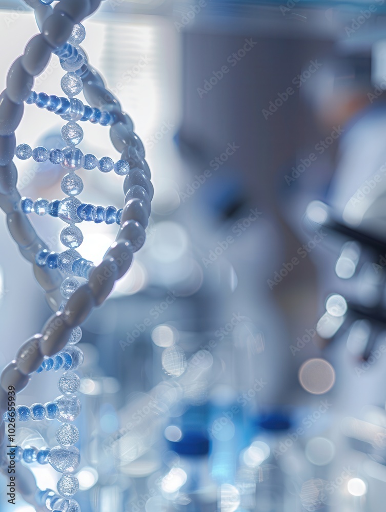 Poster the focus on a dna strand illustrates intricate genetic structures within a blurred laboratory fille