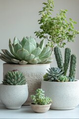 A vibrant arrangement of various succulents in white pots displayed on a clean background