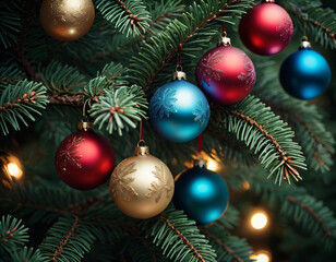 Fototapeta premium .Spruce branch with Christmas balls on it.