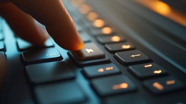 Close-up of a finger pressing the pause button on a black keyboard.