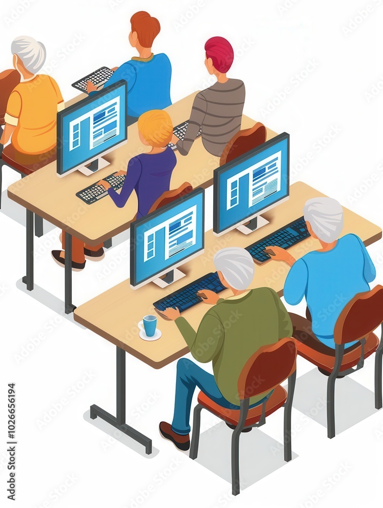 Poster A group of seniors participating in computer classes, learning to use laptops and desktops to improve their digital literacy. Generative AI