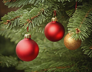 .Spruce branch with Christmas balls on it.