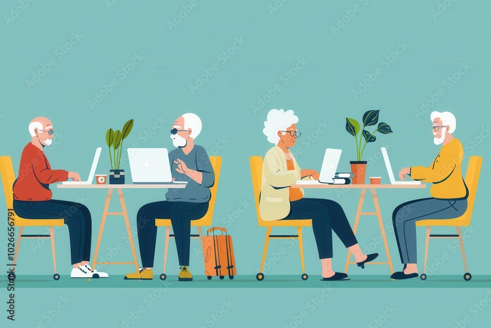 Poster Elderly learners focus on their computer skills in a friendly educational environment, using laptops and sharing knowledge. Generative AI