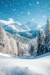 Beautiful winter landscape with snow covered mountains and trees on a snowy day