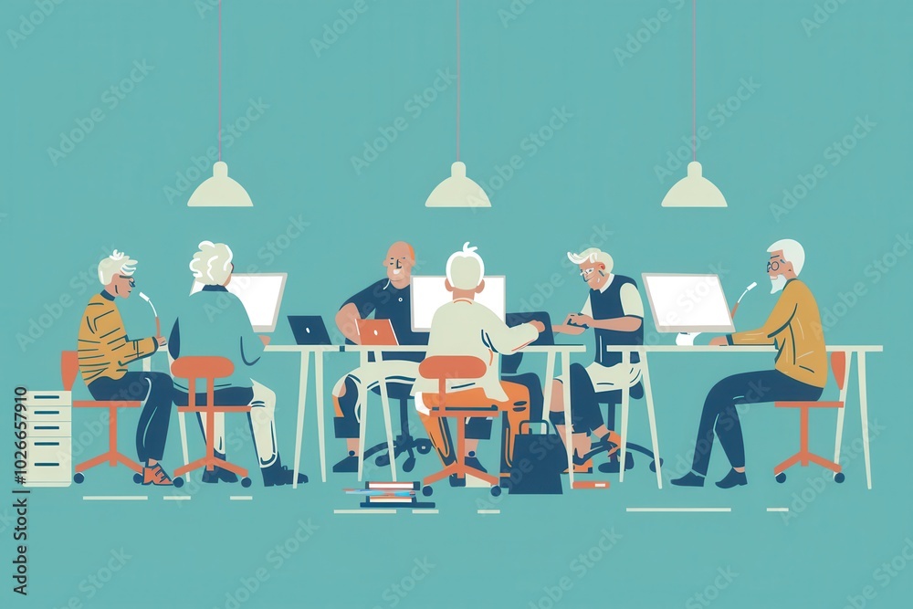 Aufkleber a group of elderly individuals actively learning digital skills on laptops and desktops in a classro