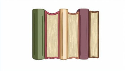 A neat arrangement of five books with spines facing forward, upright on a surface, with one leaning. The color scheme includes muted reds, greens, and neutrals.