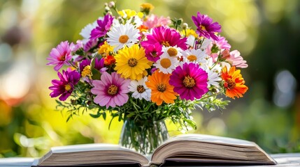 Throughout the setting, there are colorful flowers arranged around an open hardcover book, symbolizing summer joy and academic pursuits.