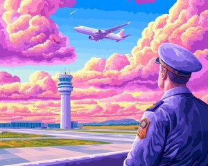 The silhouette of a uniformed officer watches a plane take off against a sunset backdrop, emphasizing airport operations and aviation.