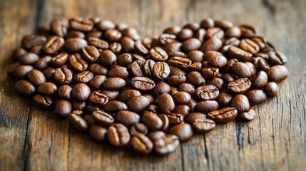 Closeup fresh roasted Arabian or aroma coffee beans on shape of heart. Organic coffee concept background. Top view, flat lay backdorp with copy space