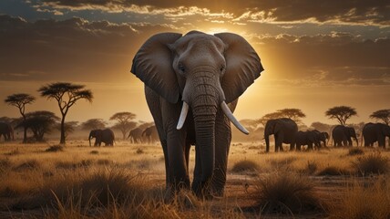 Fototapeta premium A lone elephant stands in the foreground, facing the camera, with a herd of elephants behind it, in a savanna landscape with a sunset in the background.