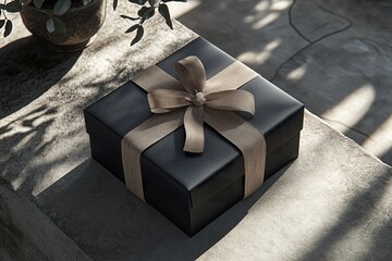 A captivating obsidian gift box appears from dark shadows on a textured surface