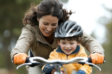 Obraz premium A parent helps a child ride a bicycle