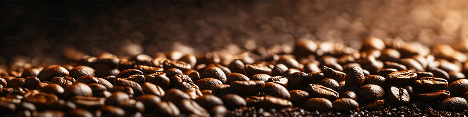 Closeup fresh roasted Arabian or aroma coffee beans background. Food pattern. Love organic coffee concept backdorp. Top view, flat lay with copy space for cafe advertising, package design