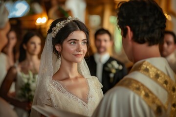 Fototapeta premium A young couple exchanges vows during an intimate wedding ceremony surrounded by family